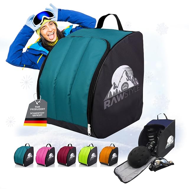 Rawstyle ski boot rucksack in black and turquoise