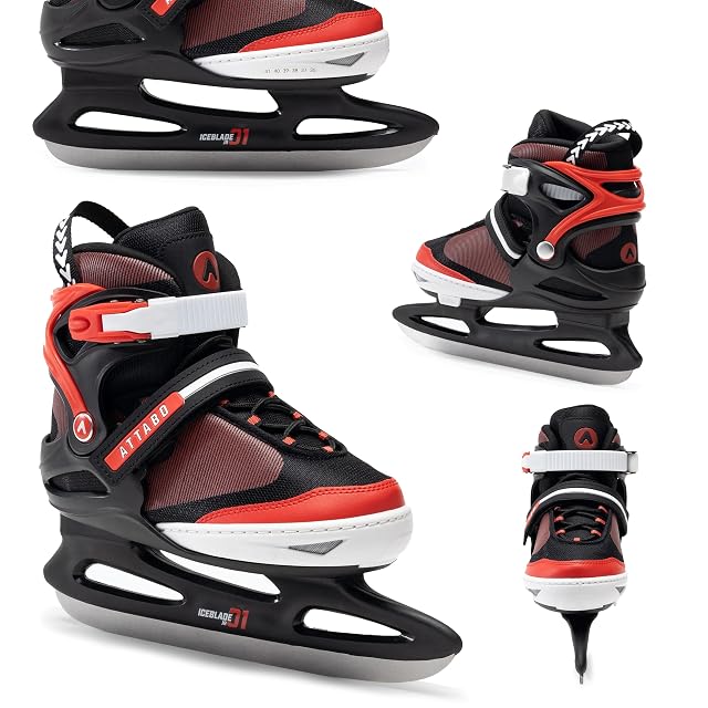 ATTABO Boy adjustable children’s ice skate in black and red with hockey blade