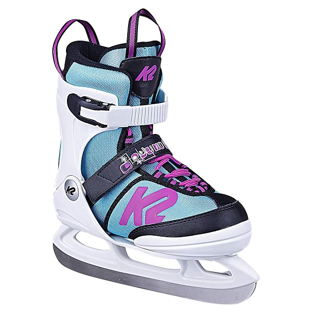 K2 Juno Ice girls’ adjustable skate in white and light blue